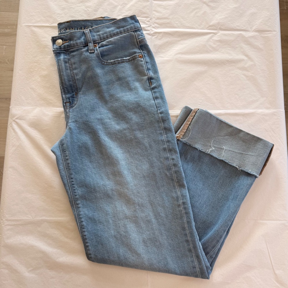 American Eagle Stovepipe Jeans Womens 2 Short Blue Stretch Raw Hem Distressed